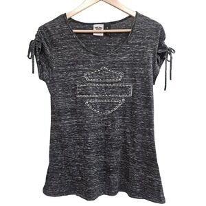 Harley Davidson Shirt Women M Gray Short Sleeve Studded Logo USA Moto Grunge Y2K